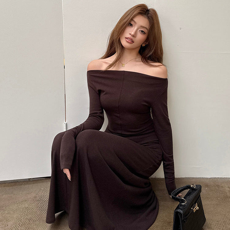 甜蜜巧克力優雅簡約一字肩長洋-25628