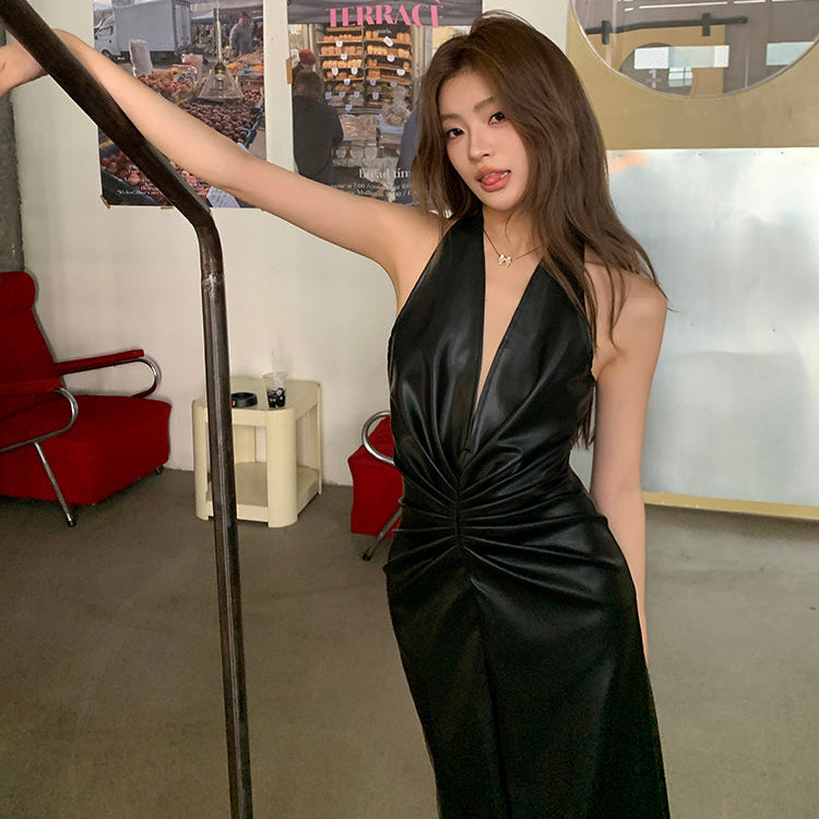 美艷巫女深V掛脖抓皺皮長洋-25241