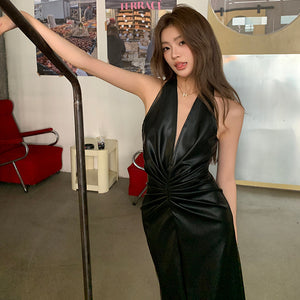 美艷巫女深V掛脖抓皺皮長洋-25241