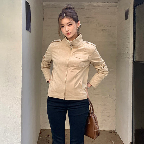 美式懷舊牛皮絨短夾克-25651