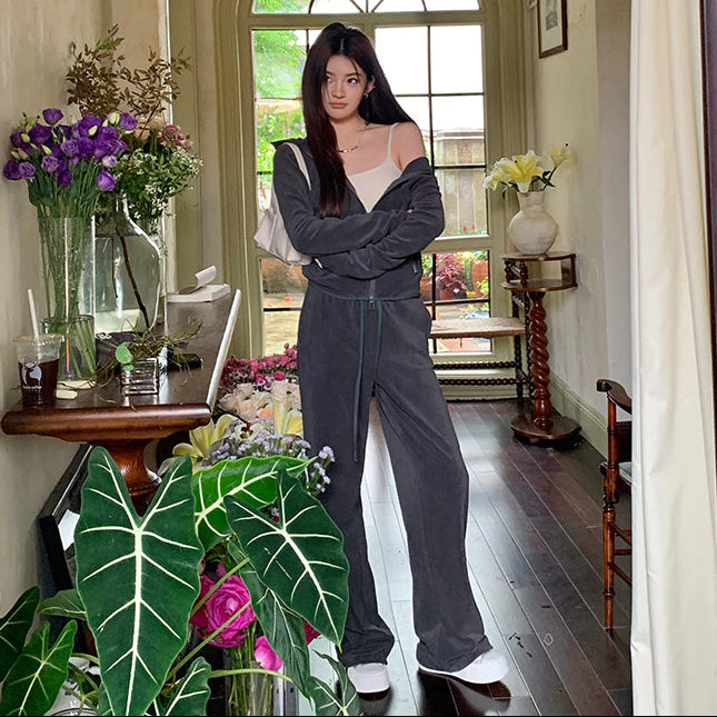 深灰絨面連帽外套垂感直筒褲兩件套-25630