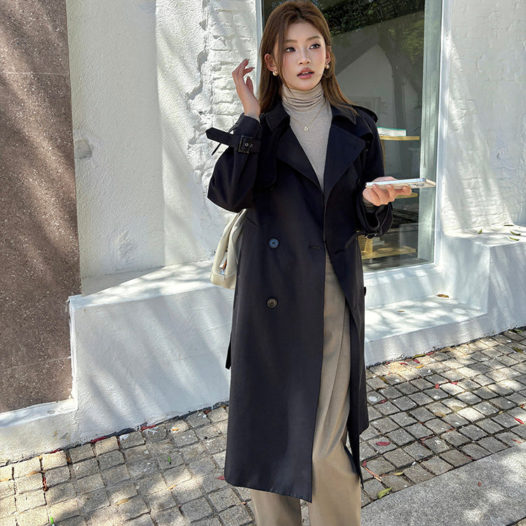 黑色經典重工中長風衣-25653