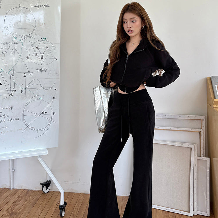 黑廠潮流搖粒絨連帽外套微喇褲兩件套-25640