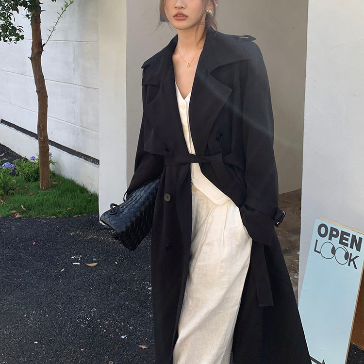 許我耀眼黑色繫帶長風衣-25644