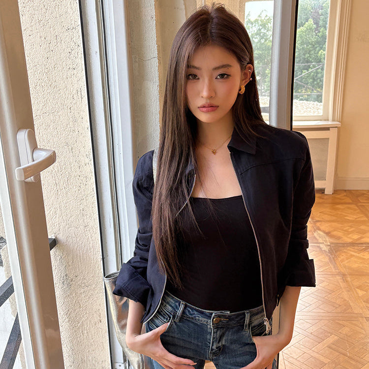 海藍翻領工裝短版棉夾克-25684