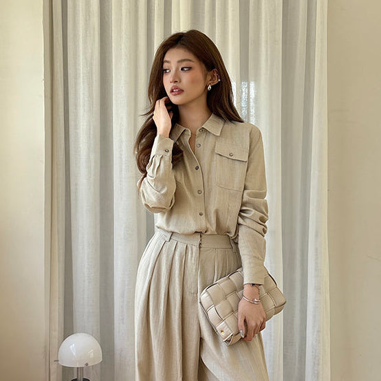 氣質亞麻口袋襯衫-25659