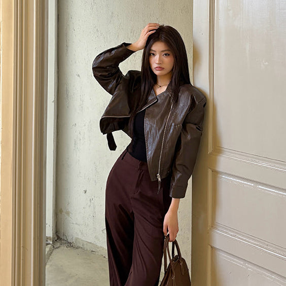 辣妹棕色PU皮夾克-25665