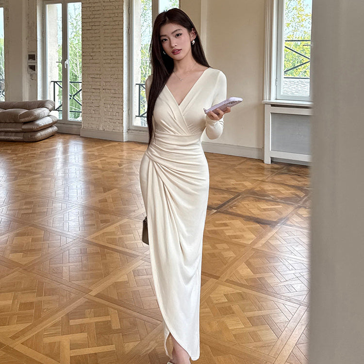 天使之吻杏白V領褶皺收腰長洋-25680