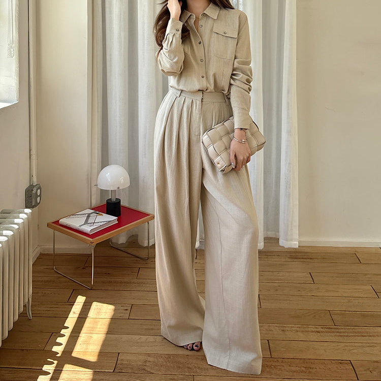 亞麻直紋落地寬褲-25658