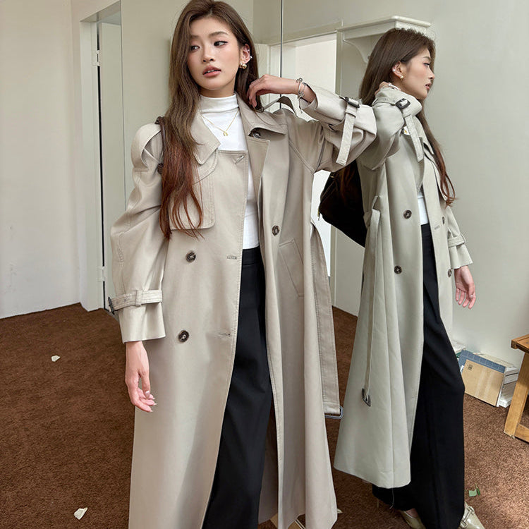 倫敦人寬鬆繫帶過膝長版風衣大衣-25654