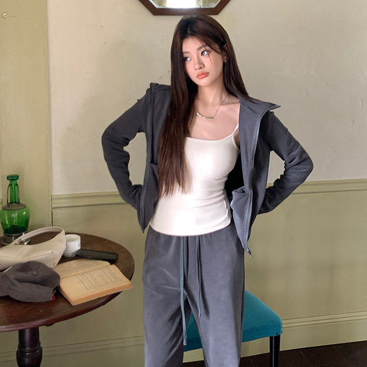 深灰絨面連帽外套垂感直筒褲兩件套-25630