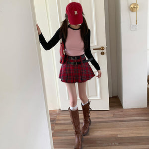 陷阱少女紅格紋雙皮帶迷你百褶裙-25154