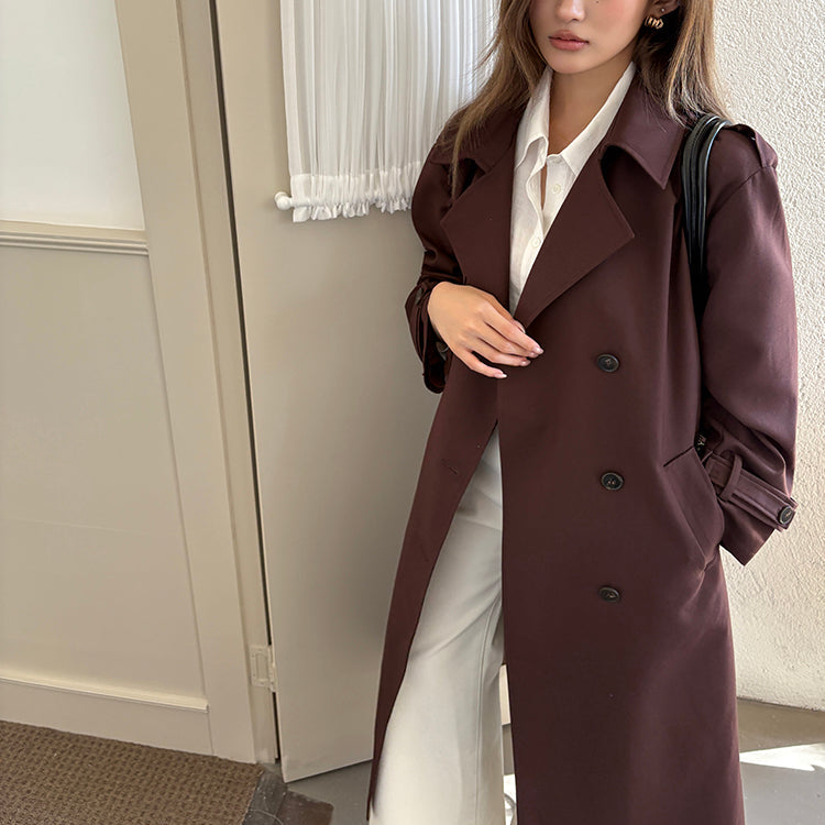 棕紅高級感雙排扣中長風衣-25652