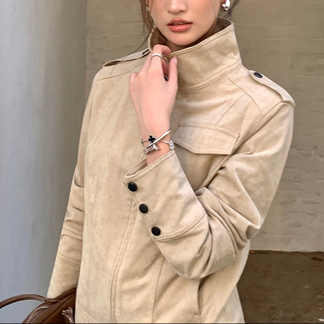 美式懷舊牛皮絨短夾克-25651