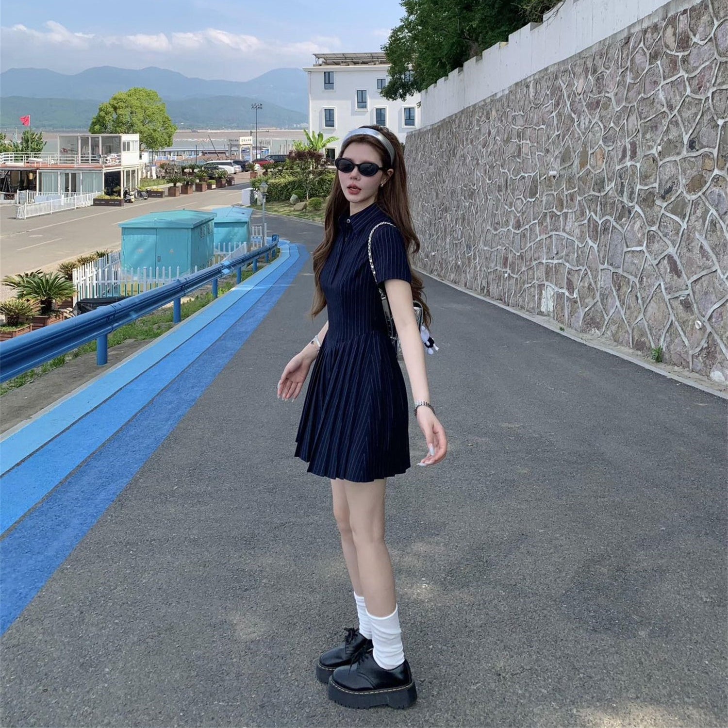上流小姐深藍條紋Polo領百褶短洋-25313