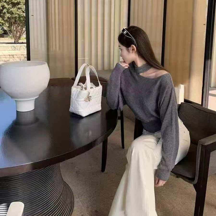 斜肩掛脖上衣-25552