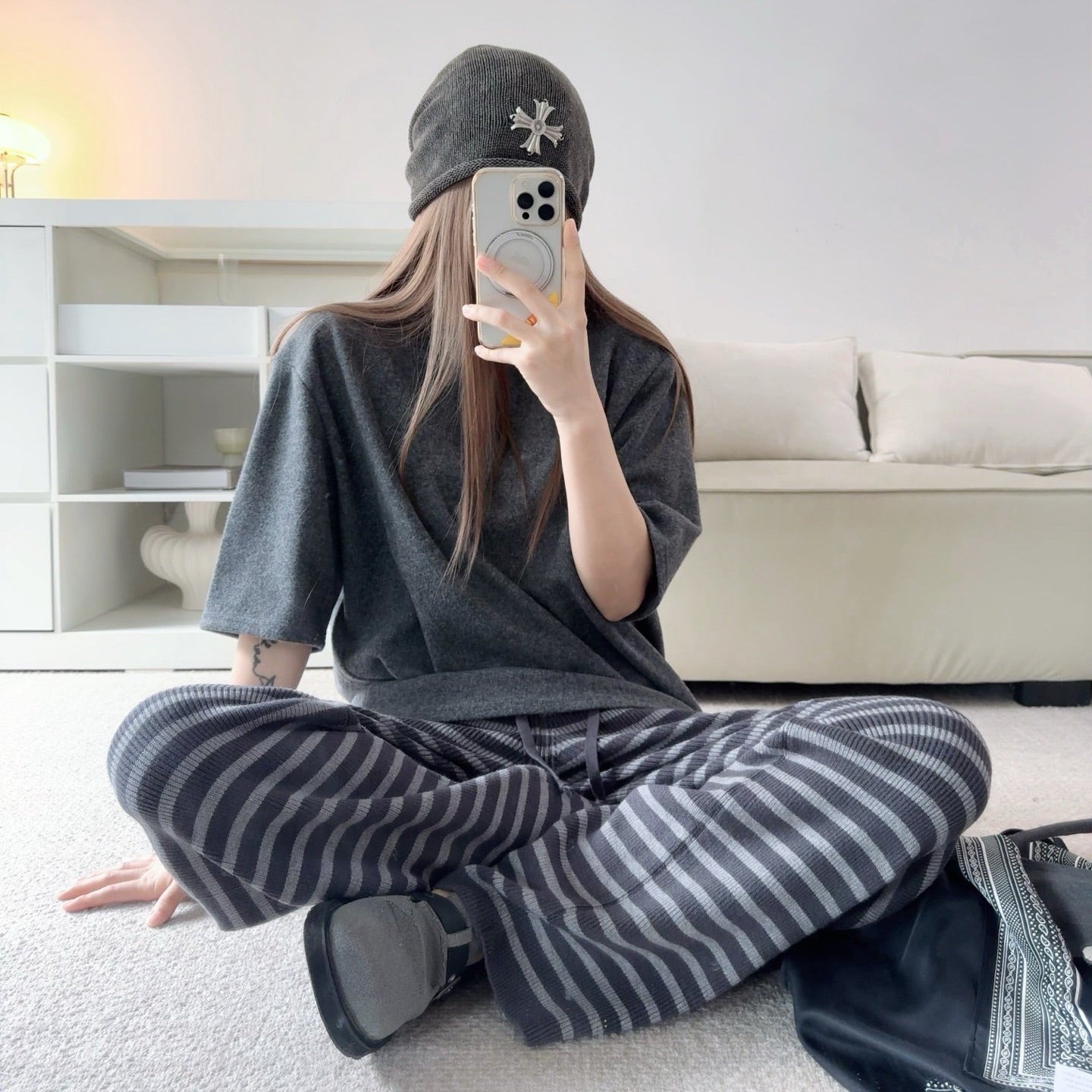 軟糯針織加厚條紋寬褲-25673