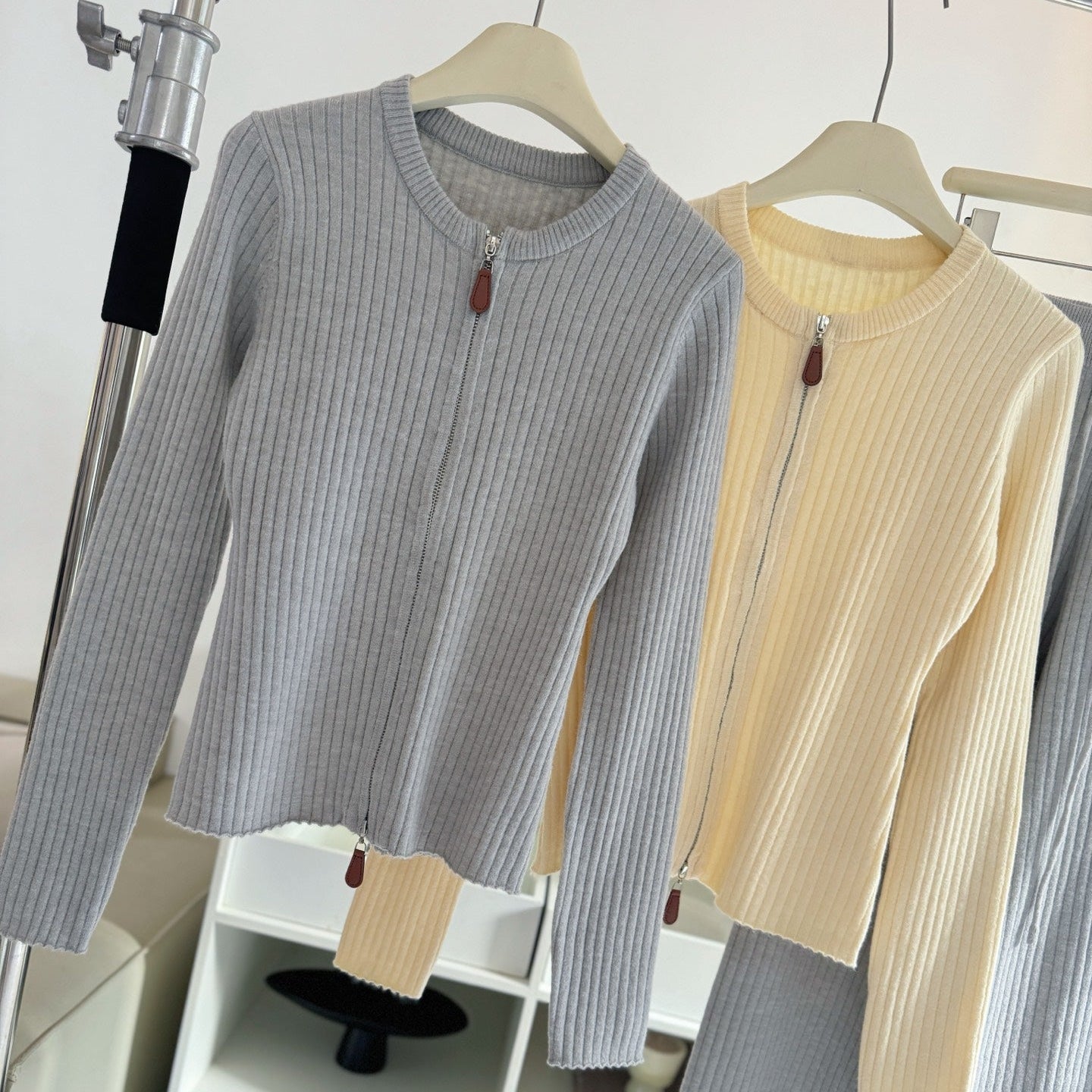 拉鍊坑條針織外套鬆緊高腰直筒長褲套裝-25676