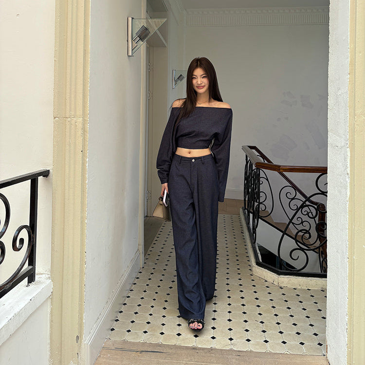 靛藍一字肩露腰上衣-25645