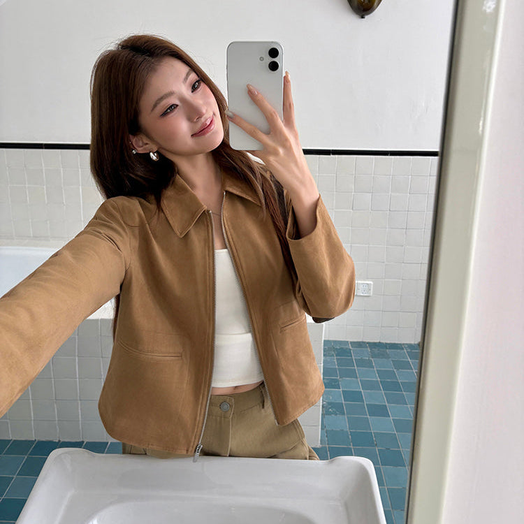 深卡其牛皮絨拉鏈皮外套-25656