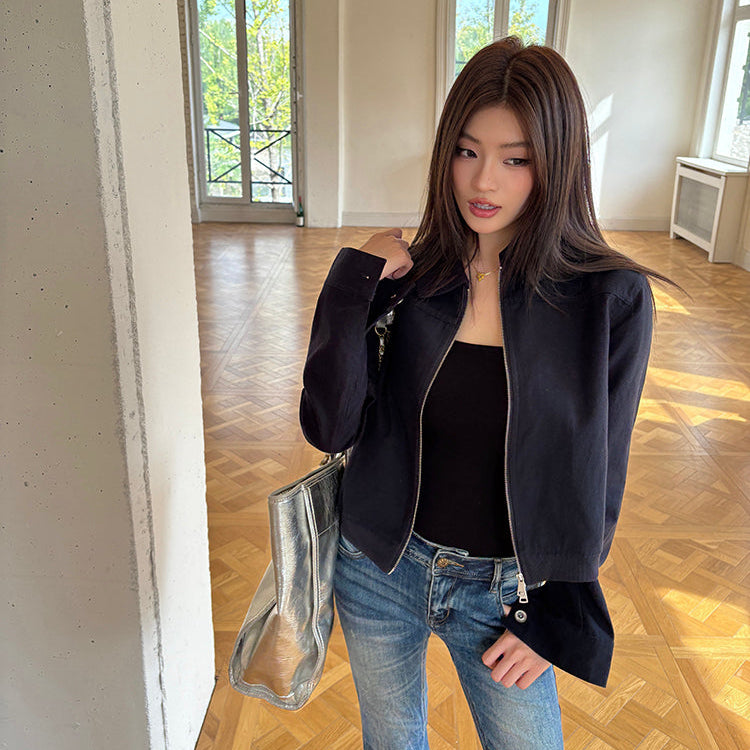 海藍翻領工裝短版棉夾克-25684