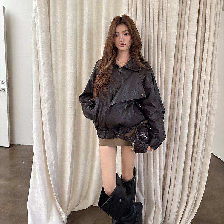 豪情時刻深棕廓形皮衣夾克-25634