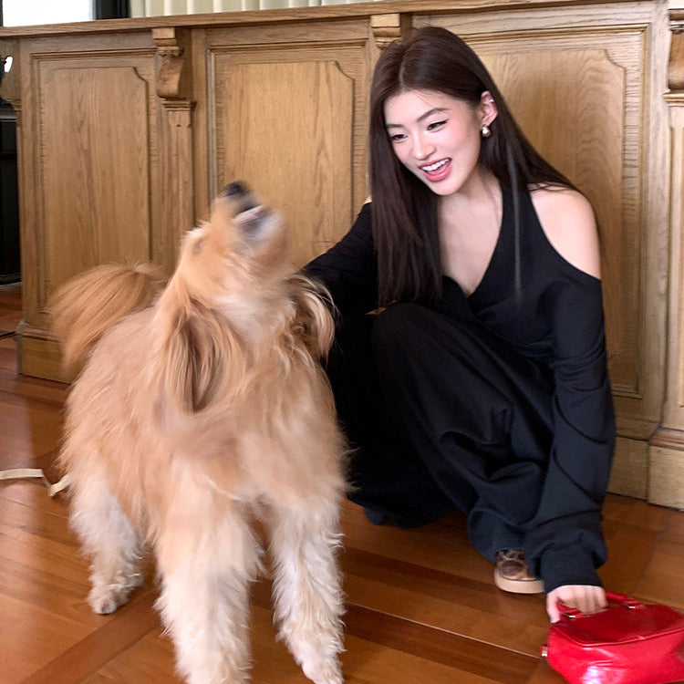 潮模掛脖衛衣抽繩衛褲兩件套-25637