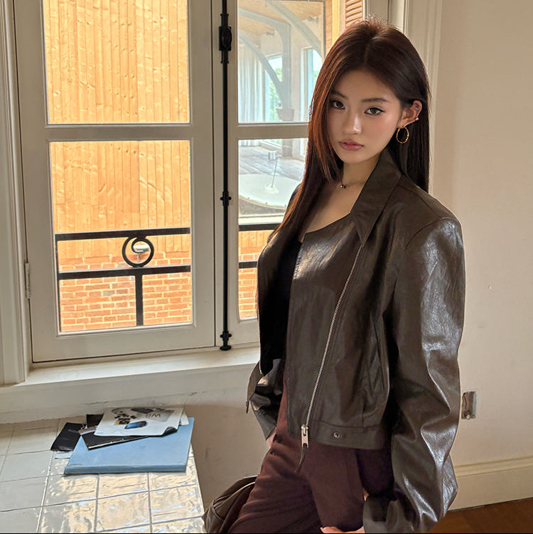 辣妹棕色PU皮夾克-25665