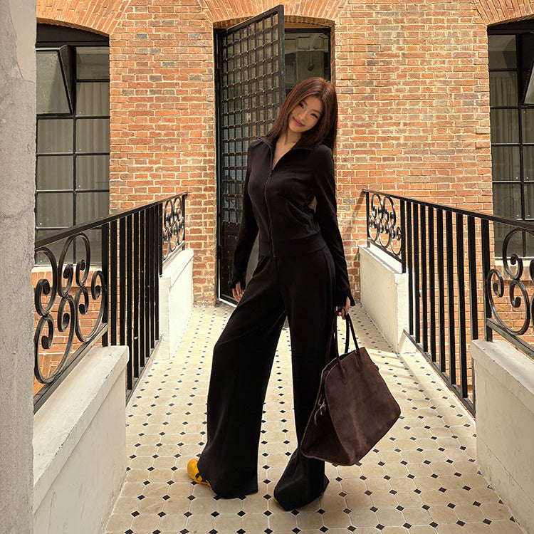 秘密同盟黑色立領修身外套寬褲兩件套-25636