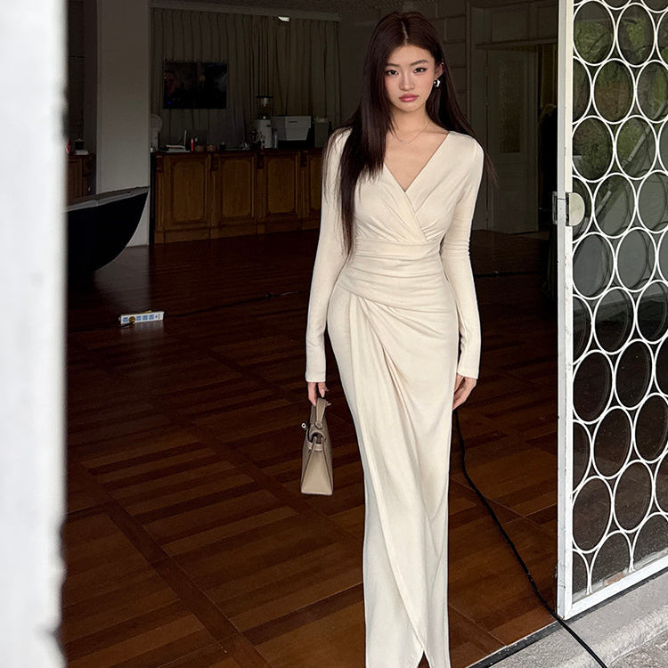 天使之吻杏白V領褶皺收腰長洋-25680