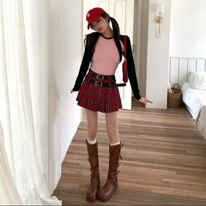 陷阱少女紅格紋雙皮帶迷你百褶裙-25154