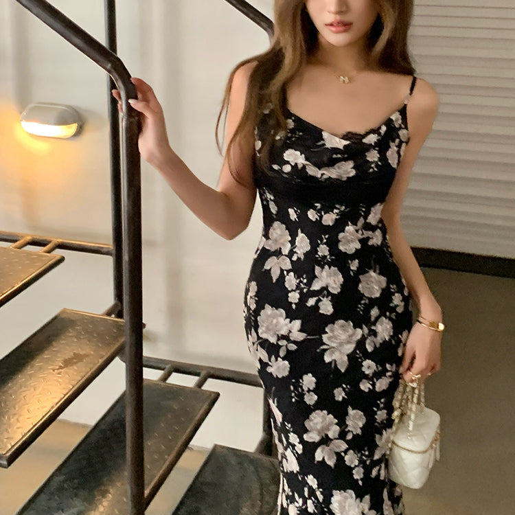 黑蕾絲鏤空碎花長洋-25267