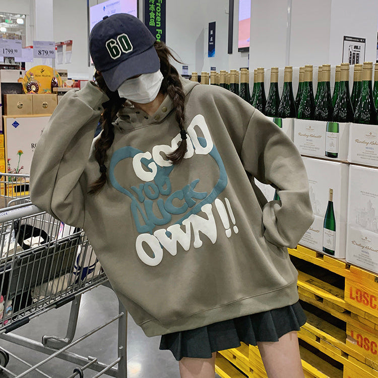 GOOD LUCK美式復古加絨連帽衛衣-25629