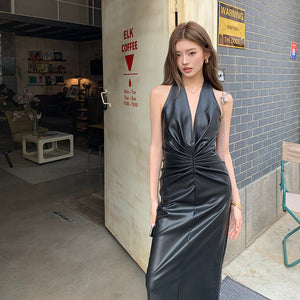 美艷巫女深V掛脖抓皺皮長洋-25241