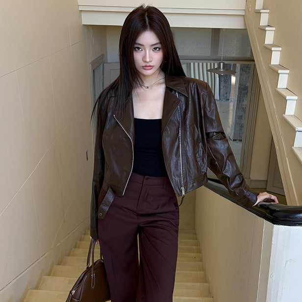 辣妹棕色PU皮夾克-25665