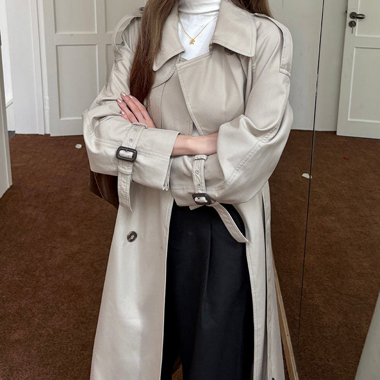 倫敦人寬鬆繫帶過膝長版風衣大衣-25654