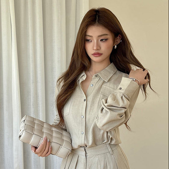 氣質亞麻口袋襯衫-25659