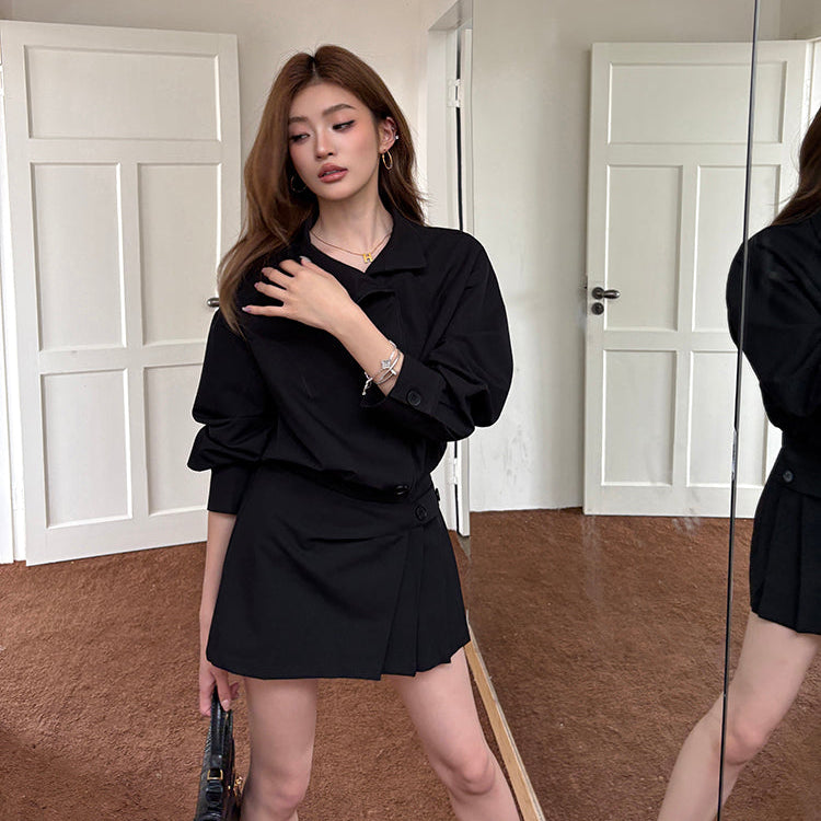 黑色復古立領設計襯衫連衣裙-25641