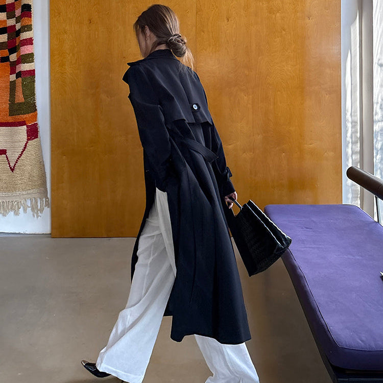 許我耀眼黑色繫帶長風衣-25644