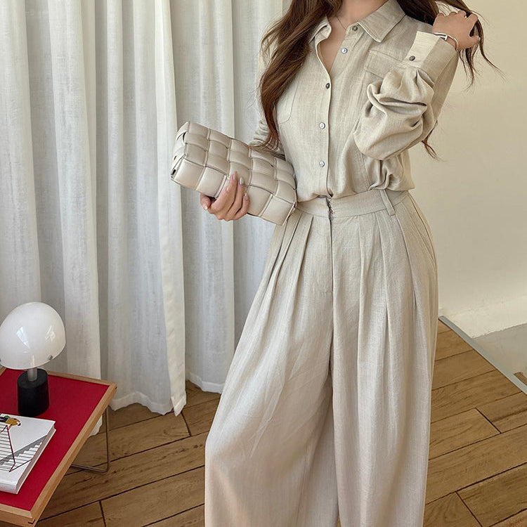 亞麻直紋落地寬褲-25658