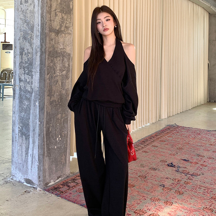 潮模掛脖衛衣抽繩衛褲兩件套-25637