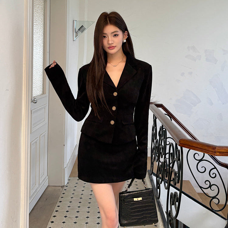 黑色小香風金扣收腰修身西外-25643