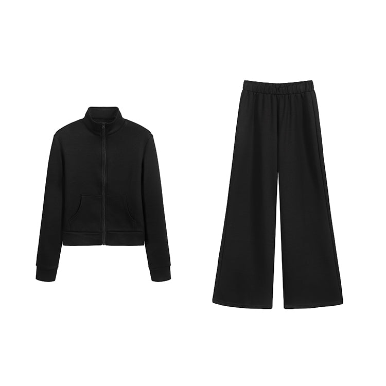 秘密同盟黑色立領修身外套寬褲兩件套-25636