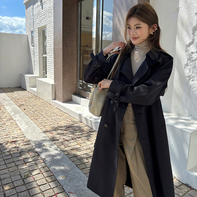 黑色經典重工中長風衣-25653