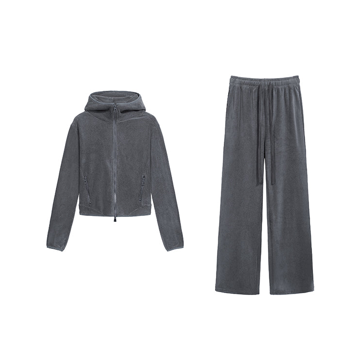 深灰絨面連帽外套垂感直筒褲兩件套-25630