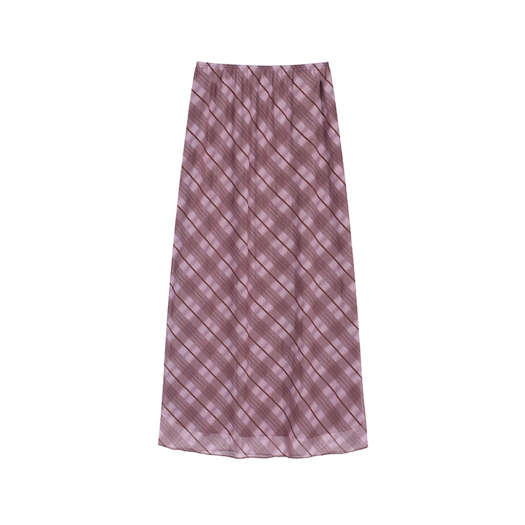粉色格紋雙層紗長裙-23505