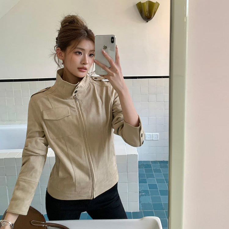 美式懷舊牛皮絨短夾克-25651