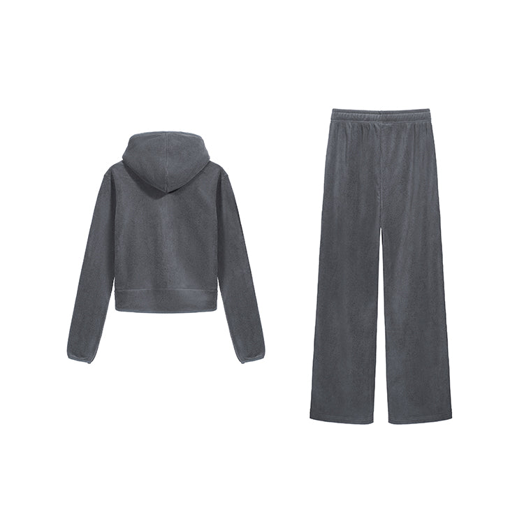 深灰絨面連帽外套垂感直筒褲兩件套-25630