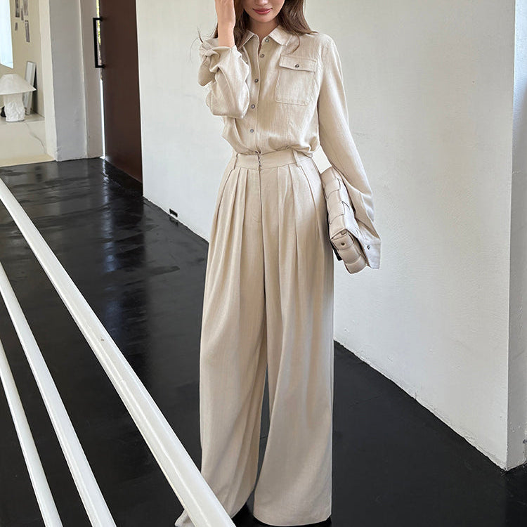 亞麻直紋落地寬褲-25658