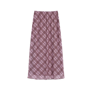 粉色格紋雙層紗長裙-23505